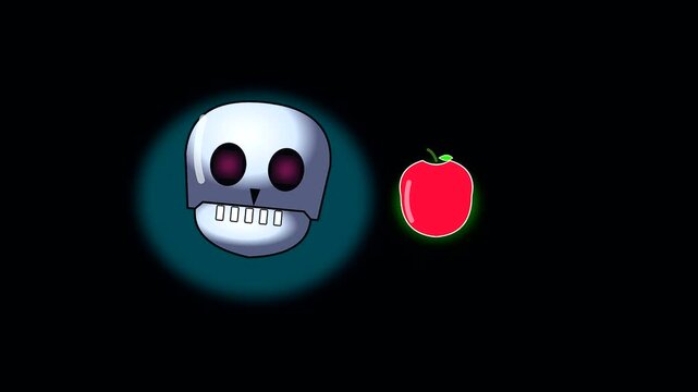 a shiny metallic skull character performs rhythmic movements next to a small red apple representing healthy halloween vegan treats inside a dark glowing void