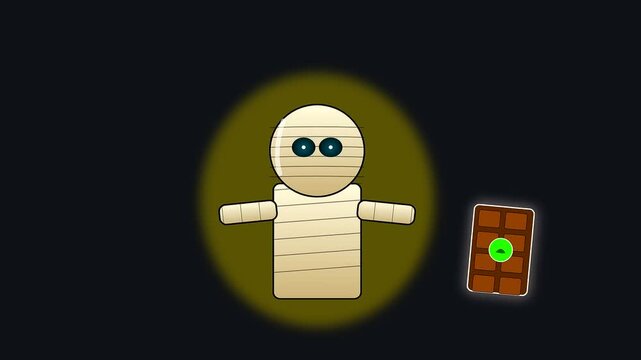 cartoon mummies with glowing eyes dance near chocolate bar vegan treats in a festive halloween setup capturing whimsical movement across three distinct frames of animation
