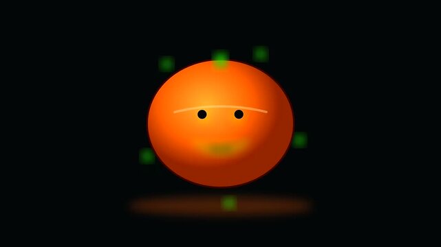 A glowing orange sphere rotates through three distinct positions while displaying subtle halloween facial expressions as perfect vegan treats for a festive celebration during the dark night