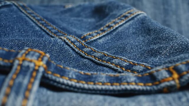 Close up view of stacked denim jeans with detailed orange stitching on a soft focus background