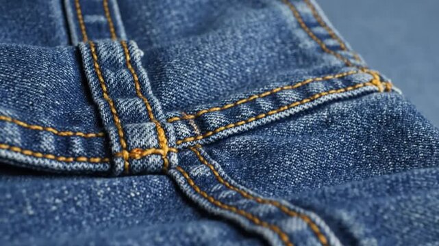 Close-up of folded blue denim jeans with yellow stitching showing fabric texture and detail