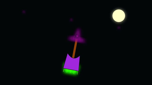 Minimalist purple broomstick vector illustration captures a stylized halloween festive atmosphere filled with vegan treats floating against a dark sky illuminated by glowing full moons