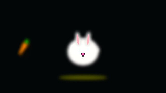a cartoon rabbit encounters halloween vegan treats as a floating carrot drifts past the glowing white character head against a dark void for playful animation