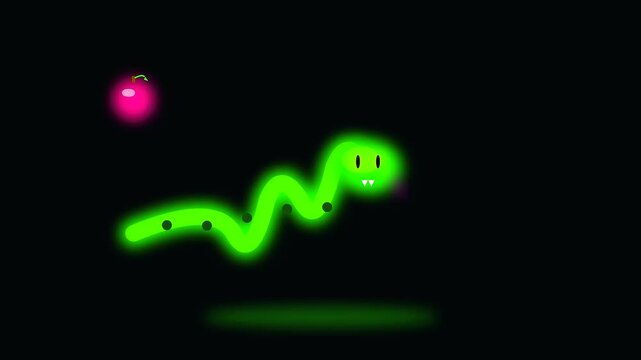 Neon green glowing snake creature undulates through a dark void toward vibrant pink vegan treats in this rhythmic digital animation frame featuring playful halloween festive elements