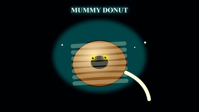 a whimsical animation showing a tasty mummy donut wrapped in icing strands for halloween as fun vegan treats that appear inside a dark magical setting