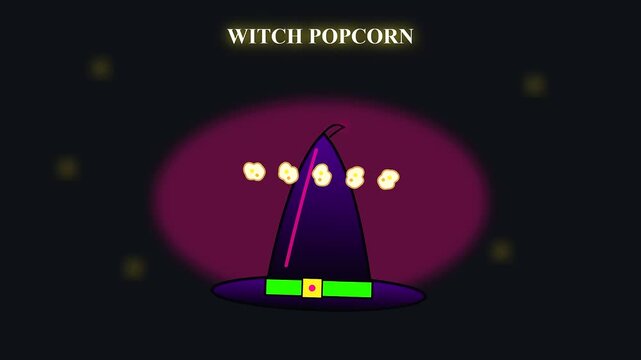 Animated wizard hats with hovering popcorn kernels acting as spooky vegan treats for a festive halloween snack showcase presented in a playful flat cartoon graphic style