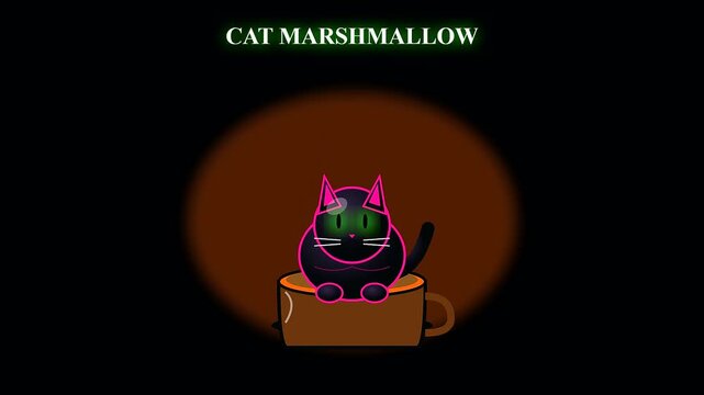 a whimsical black feline marshmallow character sits inside a chocolate drink mug offering halloween vegan treats during an artistic animated sequence of glowing purple outlines