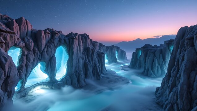 Fantasy landscape with glowing blue celestite crystal cliffs and a silver river under a starry twilight sky