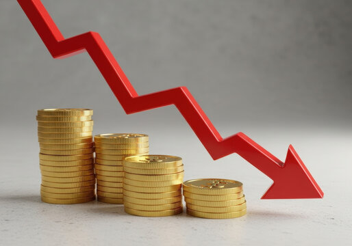 Stacks of shiny gold coins arranged in decreasing order with large red arrow pointing downwards representing economic financial market crash.