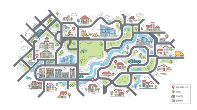 Detailed city map with roads, parks, buildings, and various transportation routes.