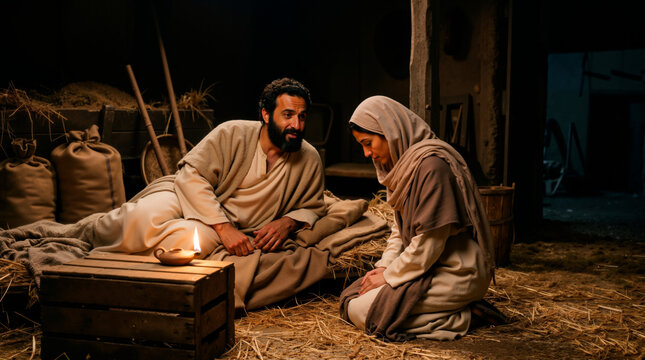 Biblical scene of Boaz awakening and speaking with Ruth on the threshing floor. Ancient historical reenactment of a man and kneeling woman in a dimly lit barn illuminated by an oil lamp