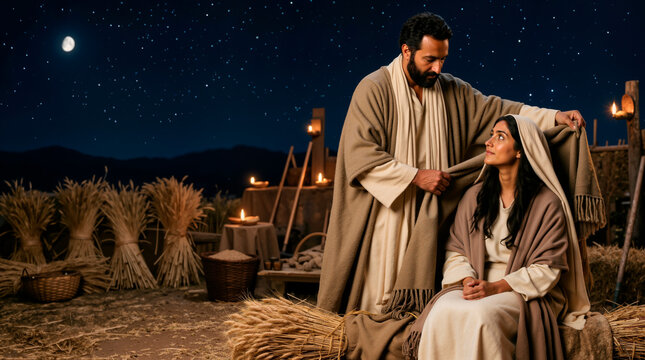 Biblical scene of Boaz covering Ruth with his cloak at night. Historical reenactment on a threshing floor with wheat harvest and oil lamps. Copy space for text