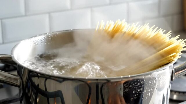 Spaghetti being added to boiling water in a stainless steel pot on a stove top with white tiled background