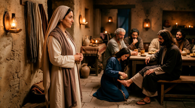 Martha watching Mary anoint the feet of Jesus in a dimly lit rustic house. Biblical scene of devotion and humility. Ancient Middle Eastern historical religious narrative with disciples at a table