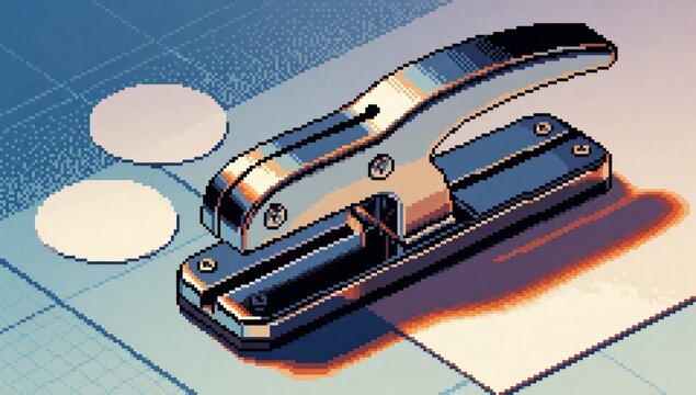 Illustration stapler blue background staple gun black silver color has curved handle top placed white surface