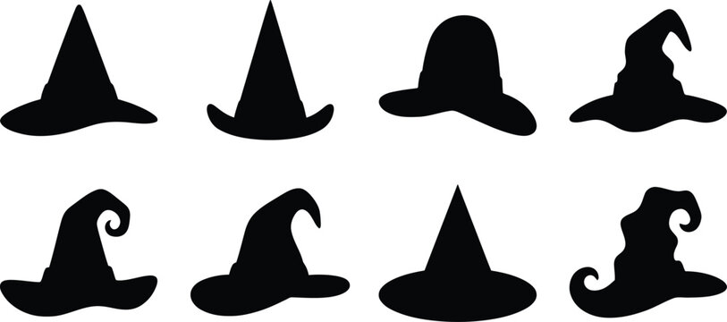 Collection of witch hats in silhouette on white background