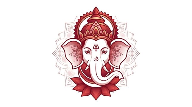 Close-up Lord Ganesha face vector illustration with Om symbol and mandala background