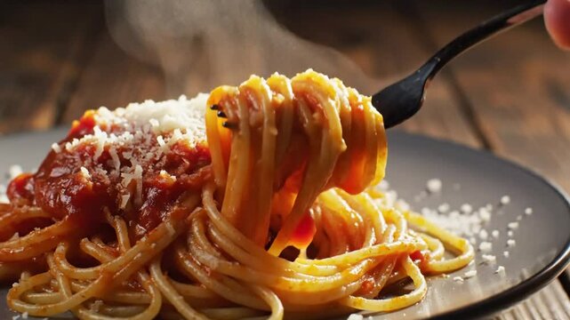Delicious spaghetti with rich tomato sauce, grated parmesan cheese, and steam rising, ready to eat