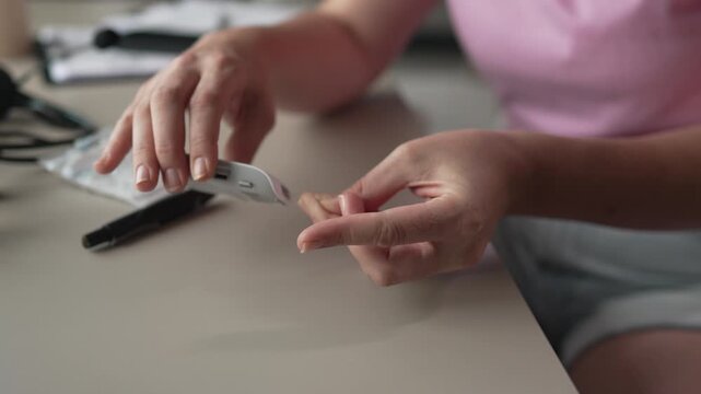 Diabetic woman testing blood sugar level with glucometer