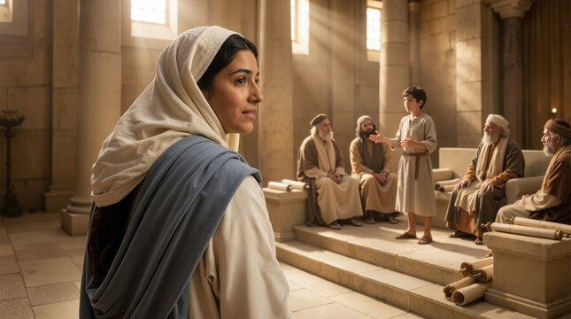 Mary watching young Jesus teaching in the temple. Biblical scene of a child speaking to elders in ancient Jerusalem