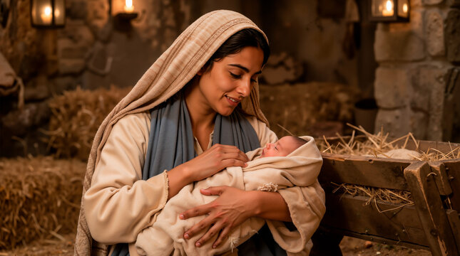 Mary holding baby Jesus in a stable. Biblical nativity scene with mother and newborn child. Christmas religious concept