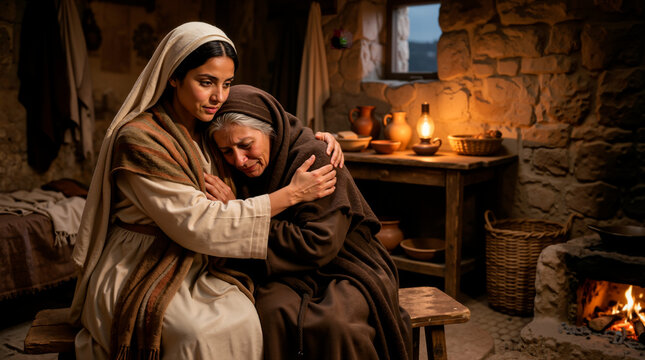 Ruth comforting Naomi in a rustic home. Biblical scene of two women embracing in a stone room with a fireplace