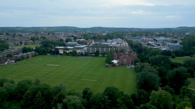 Aerial shot over New College Recreation Ground, St Cross Road Oxford UK