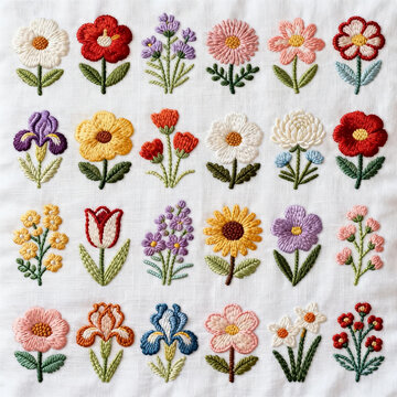 Grid Hand Embroidery Sampler on White Linen, Mixed Mini Wild Flower Sprigs with Tulip, Iris, Daisy and Pastel Blossoms