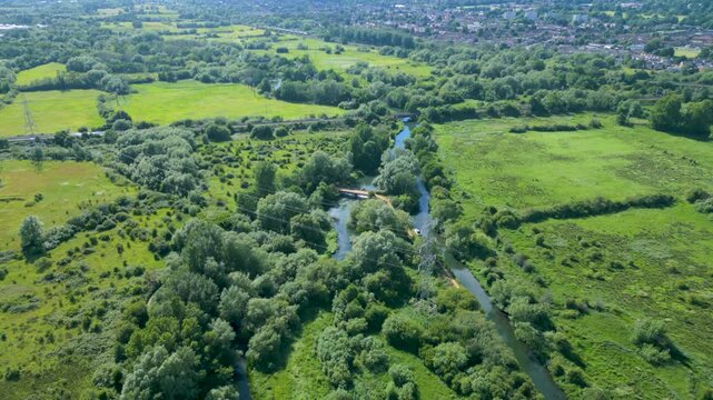 Powerlines over River Kennet Aerial shot Reading UK