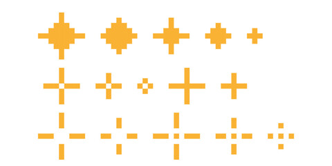 Golden Pixel Sparkles and Shine Symbols — Retro Icon Set © eMIL'