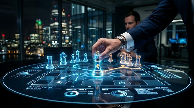 Strategist moving holographic chess pieces on digital table representing tactical planning, business competition, and corporate strategy.