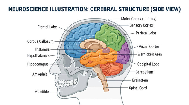 Neuroscience Brain Anatomy: Side View Cerebral Structure Diagram with Labels