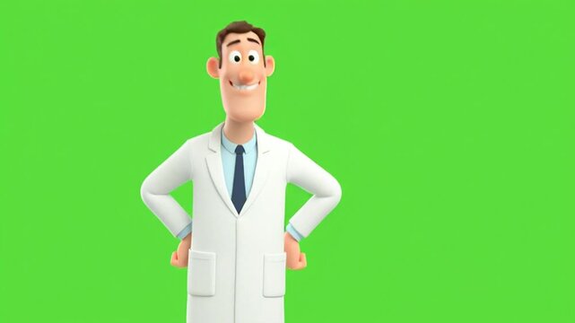 A scientist wearing a suit (typical of a scientist) and a tie, gesturing with his hands while wearing a cheerful expression and a charming smile; set against a green 3D background.