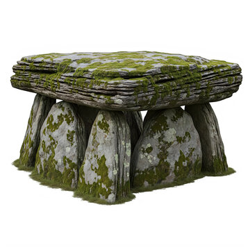 Ancient stone dolmen tomb covered in green moss isolated on transparent background