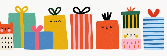 Obraz premium Colorful cartoon presents with playful faces and cheerful designs.