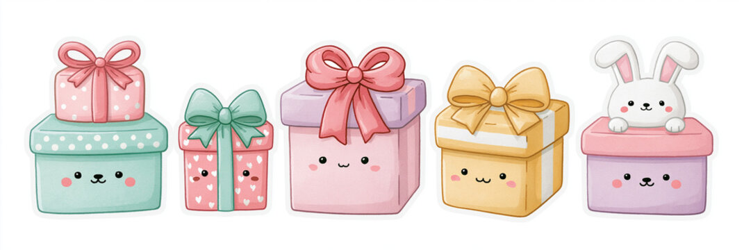 Colorful gift boxes with cute designs and a bunny peeking out from a box.