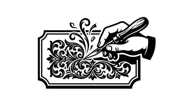 Hand holding pen with ornate design.