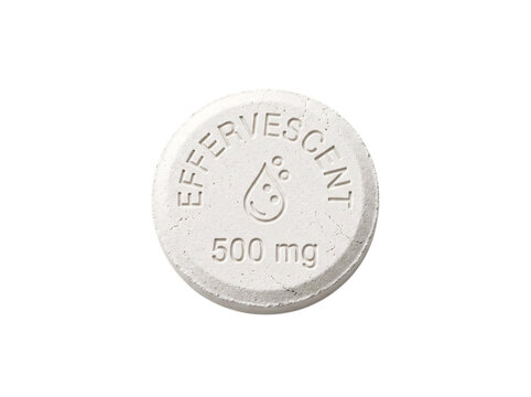 Round White Effervescent Vitamin Supplement Tablet With 500mg Dosage Markings Isolated On White Background