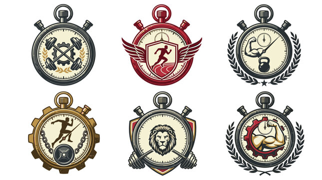 Set of six pixel art emblems featuring stopwatch motifs, athletic figures, gear, and laurel wreaths, retro gaming style