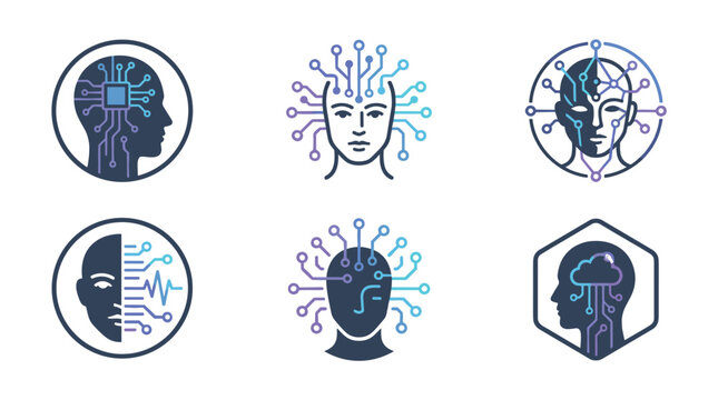 Set of six pixelated icons representing artificial intelligence and machine learning concepts with stylized human heads and circuitry, blue and purple gradients