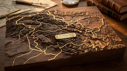 Macro shot of a stylized 3D relief topographic map of Kashmir carved into walnut wood with inlaid gold borders © Admint