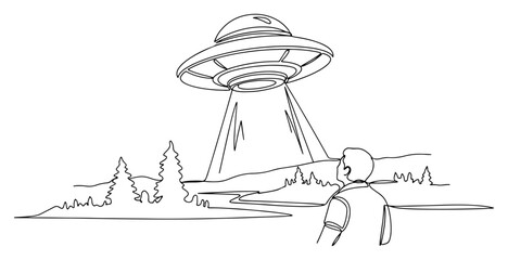 UFO hovering over pine forest landscape emitting light beam watched by man continuous line art © Celestynka