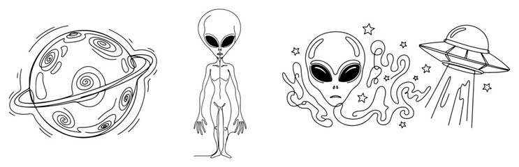 Alien character space planet and flying saucer UFO set hand drawn outline vector style © Celestynka