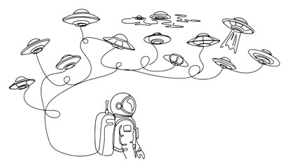 Astronaut surrounded by multiple flying saucer ufo spaceships in continuous line art style © Celestynka