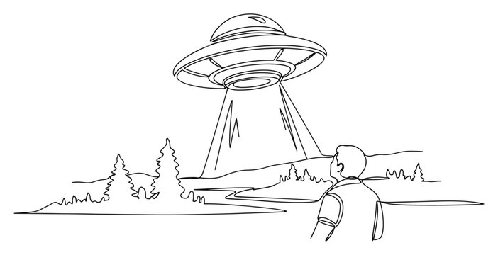 UFO hovering over pine forest landscape emitting light beam watched by man continuous line art