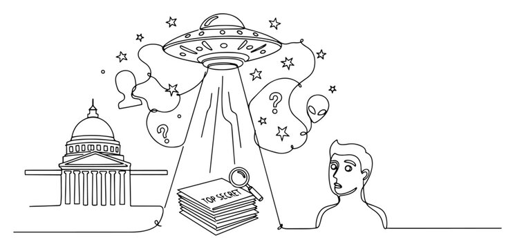 UFO spaceship abducting top secret government documents from capitol building with surprised man face in continuous line art style