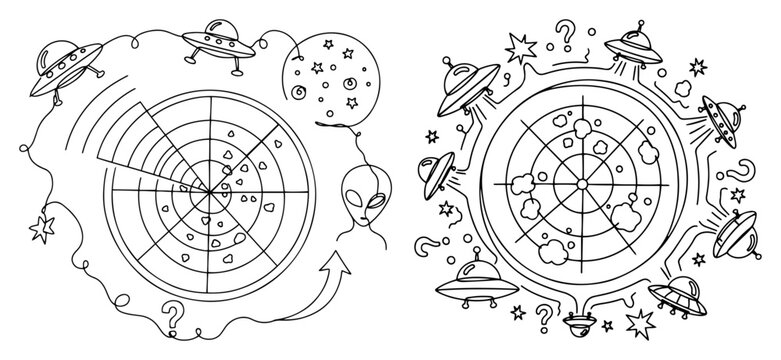 Space radar screen detecting multiple UFO spaceships and aliens around planet doodle illustration vector