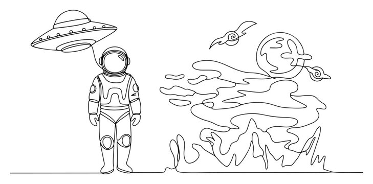 Astronaut standing on alien planet landscape with ufo and earth in continuous line art style