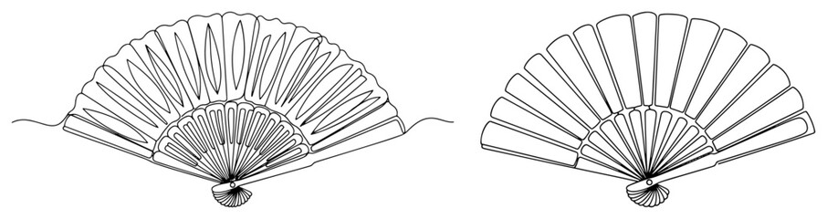 Traditional hand fans in open and partially closed positions in continuous line art style © Celestynka