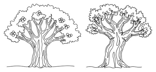 Deciduous trees with thick trunks and lush foliage continuous line art vector © Celestynka